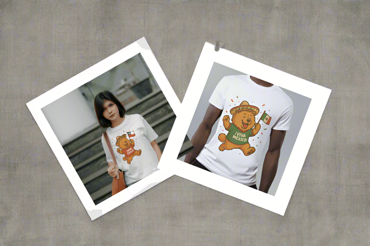 Promotional graphic for a special September event featuring t-shirts with a bear design, text 'Viva Mexico' and 'Chile', and two people wearing the shirts. the background has to be in beige color with some modern shapes